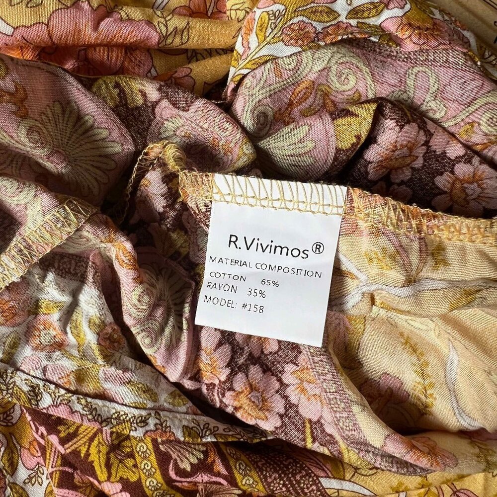 R.Vivimos Women Long Sleeve Floral V Neck Tassel Boho Festival Dress M, Sz 8, 10 - Picture 12 of 13